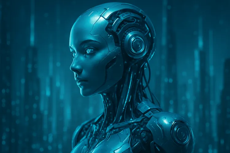 A futuristic humanoid robot with a sleek metallic design and intricate circuitry represents the concept of agentic AI, showcasing its potential to autonomously make decisions and enhance human capabilities in a digital landscape.