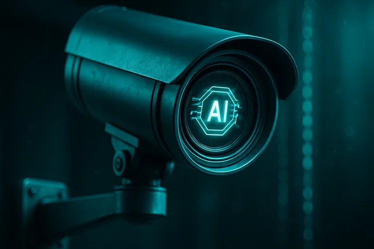 A modern AI CCTV camera featuring a glowing AI logo, designed for advanced surveillance and security monitoring. The camera is mounted on a wall, showcasing its innovative technology for real-time video analysis.