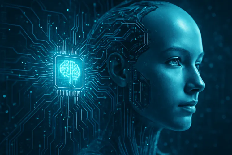 A futuristic depiction of a human-like figure with a digital brain interface, representing the concept of artificial intelligence. The figure is surrounded by intricate circuit patterns, symbolizing the advanced technology that drives AI innovation.