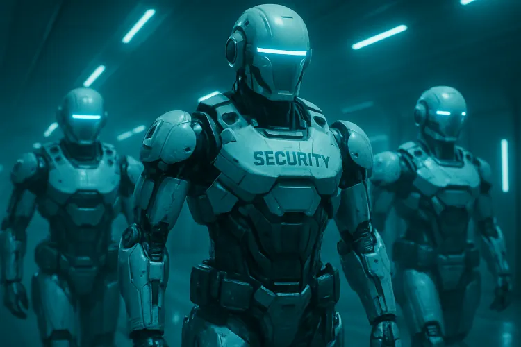 A trio of futuristic autonomous security agents with glowing blue accents, designed for surveillance and monitoring, walking through a high-tech corridor. Their sleek, metallic bodies are labeled "SECURITY," showcasing advanced technology for enhanced safety measures.