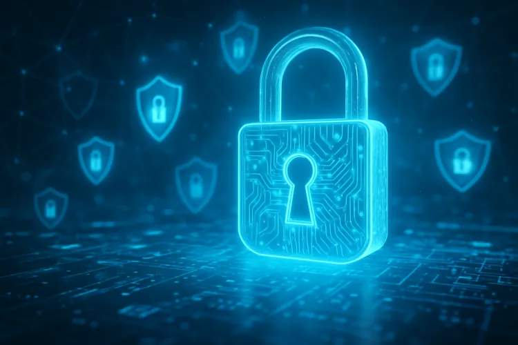A glowing blue digital padlock symbolizing cybersecurity, surrounded by shield icons representing protection against cyber threats. The padlock features intricate circuit patterns, emphasizing advanced technology and security.