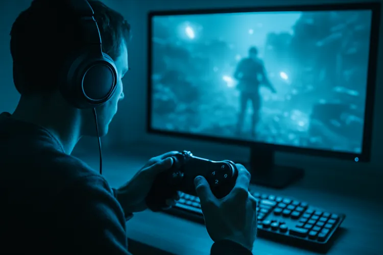 A gamer wearing headphones is deeply engaged in electronic gaming, with a captivating video game displayed on a computer monitor, showcasing a dark and immersive environment.