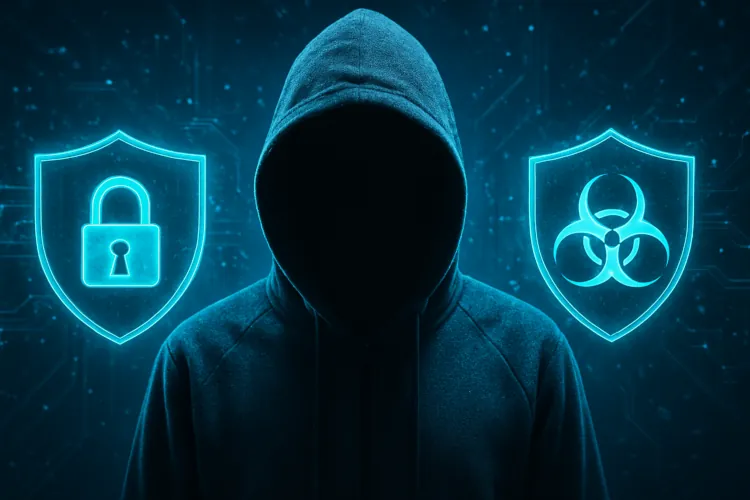 A hooded figure stands before glowing blue shields representing information security and disinformation protection, featuring a padlock and a biohazard symbol, symbolizing the defense against digital threats.
