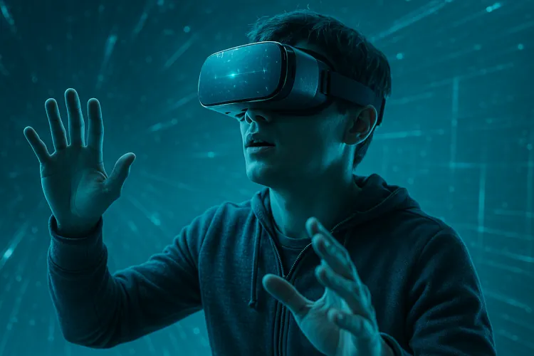 A young man wearing a virtual reality headset, appearing immersed in a digital environment, with his hands raised as if interacting with virtual elements. The background features a blue, glowing digital landscape, enhancing the immersive experience.