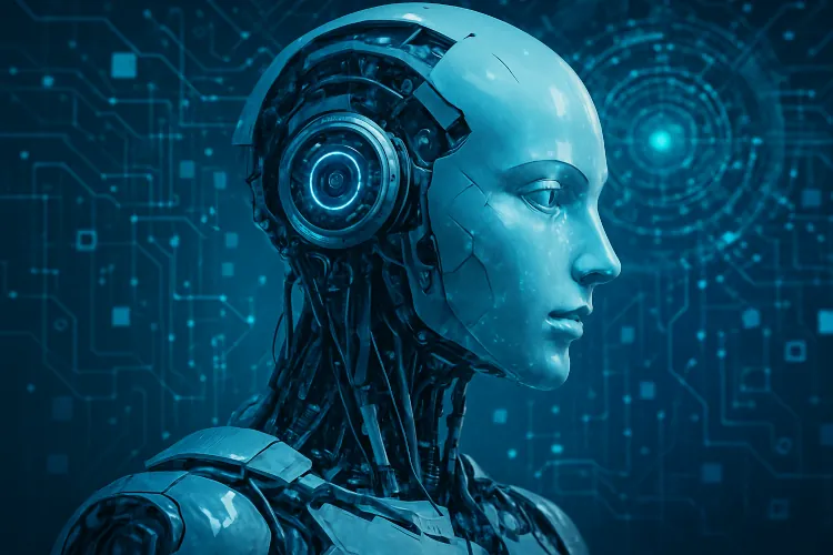 A futuristic humanoid robot known as Glory Guard, featuring a sleek design and glowing blue eye, set against a digital backdrop filled with abstract patterns and glowing elements.